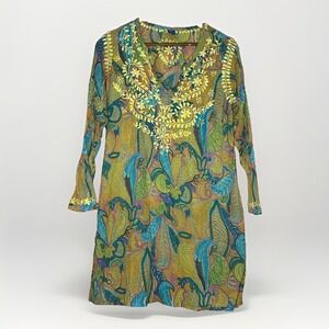 RAJ L Gauzy Paisley Tunic Top Embroidered Boho Sheer Beach Cover Up